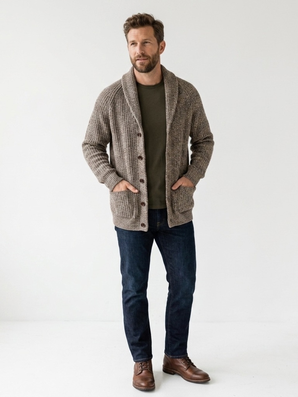 J.Crew Rugged Merino Wool Blend Shawl Collar Cardigan - Men's XL - Marled Brown